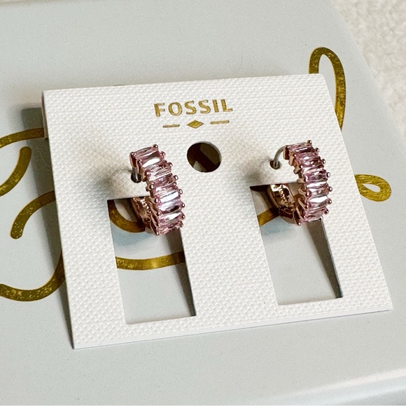 Fossil Gold Brass Tone Valentine Pink Cubic Zirconia Huggie Hoop Earrings, NWT - Picture 4 of 15